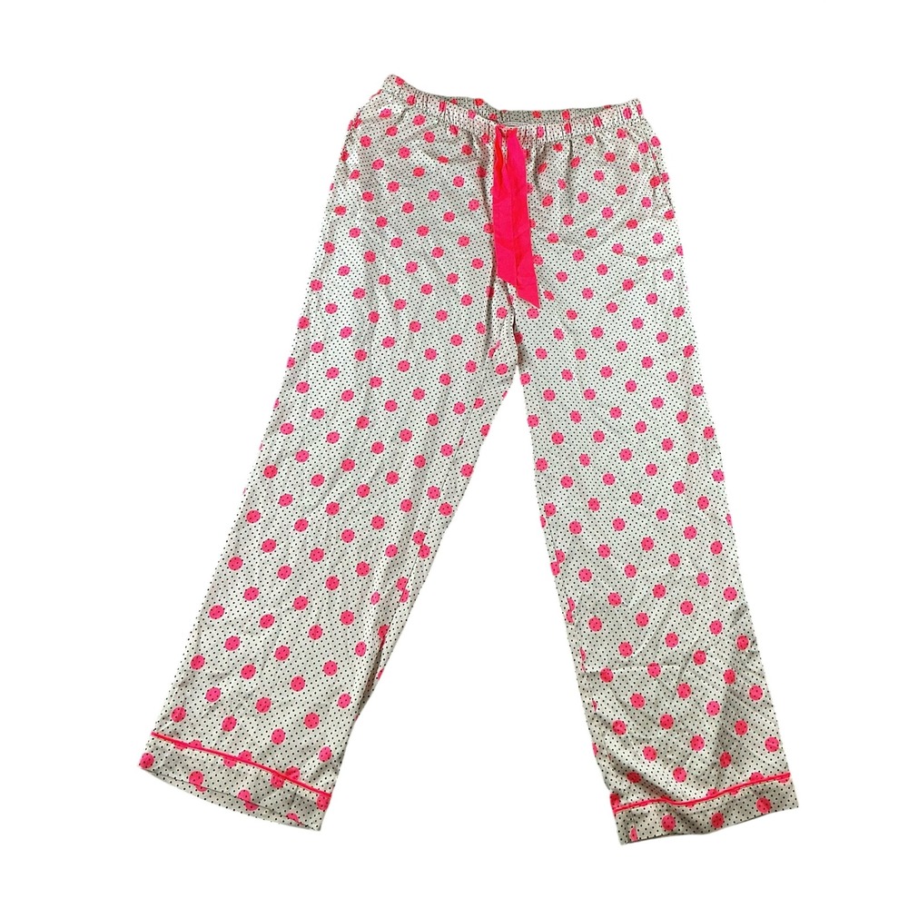 Victoria's Secret Pajama Pants Large Pink Black Polka Dot Satin Drawstring L